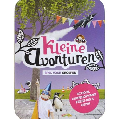 Immenz Kleine Avonturen kaartspel voor schoolgaande kinderen, met een illustratie van een kind en pinguïns op de paarse metalen verpakking.