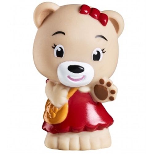 Klorofil berenfiguurtje met rode jurk, rode strik en geel tasje.