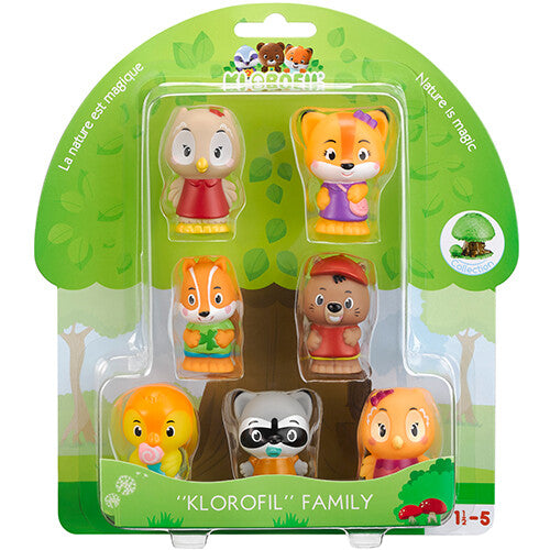 Verpakking van de Klorofil familie speelgoedfiguren set met zes dierenfiguren.