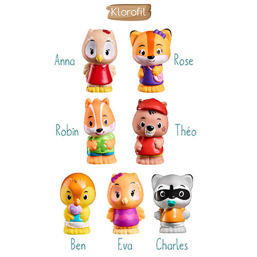 Overzicht van acht Klorofil dierenfiguren met hun namen.