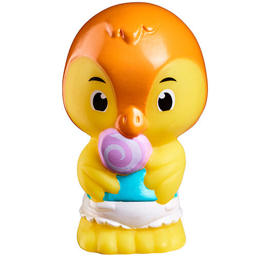 Klorofil dierenfiguur van een geel kuikentje met een blauwe speen.