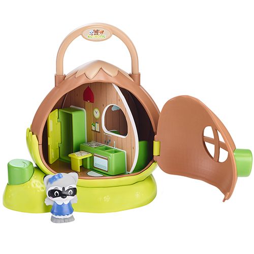 Klorofil hazelnoothuis speelset open met keukeninterieur en wasbeerfiguur.