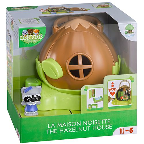 Verpakking van het Klorofil hazelnoothuis speelset met wasbeerfiguur.