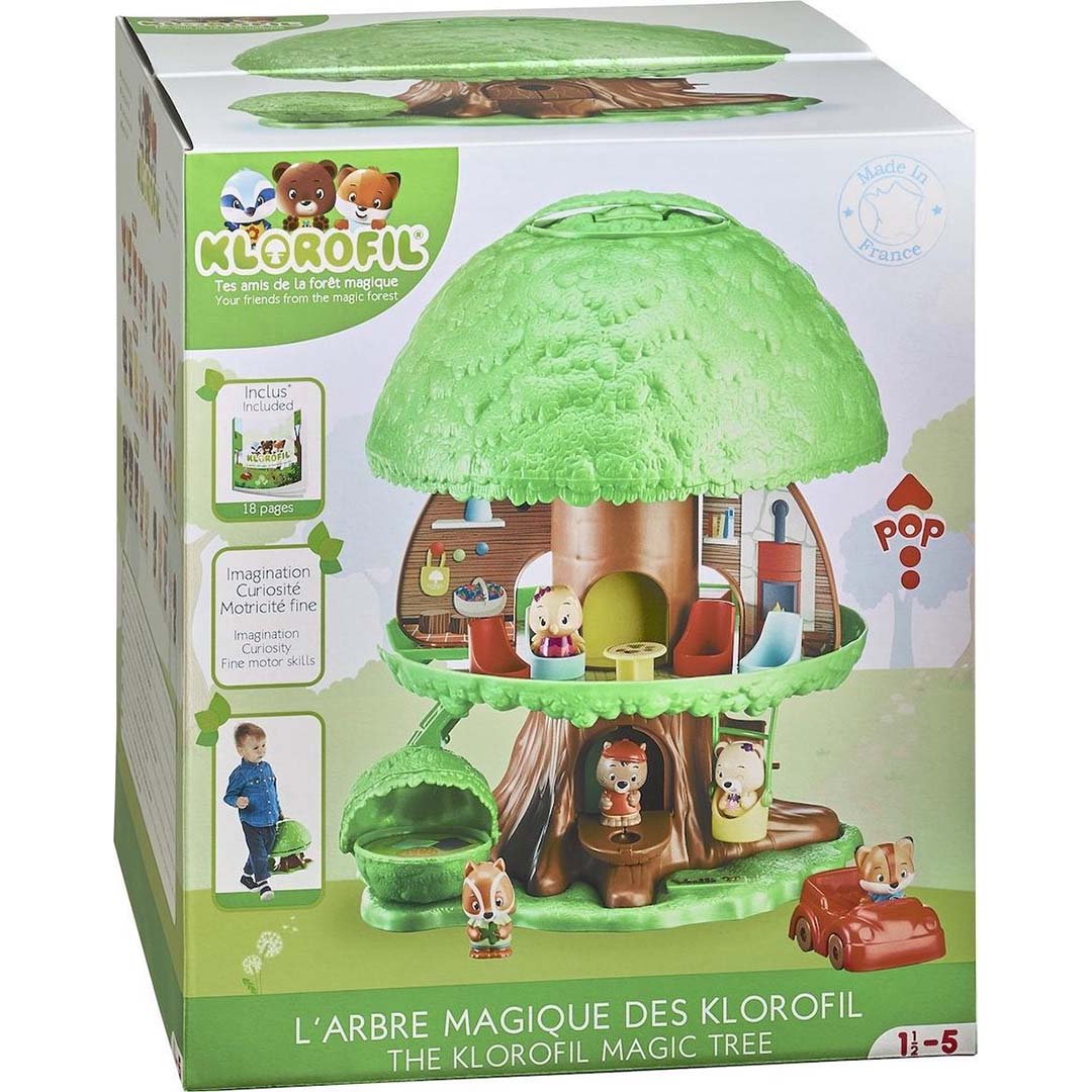 De productverpakking van de Klorofil speelboom met afbeeldingen van de boom en dierenfiguren.