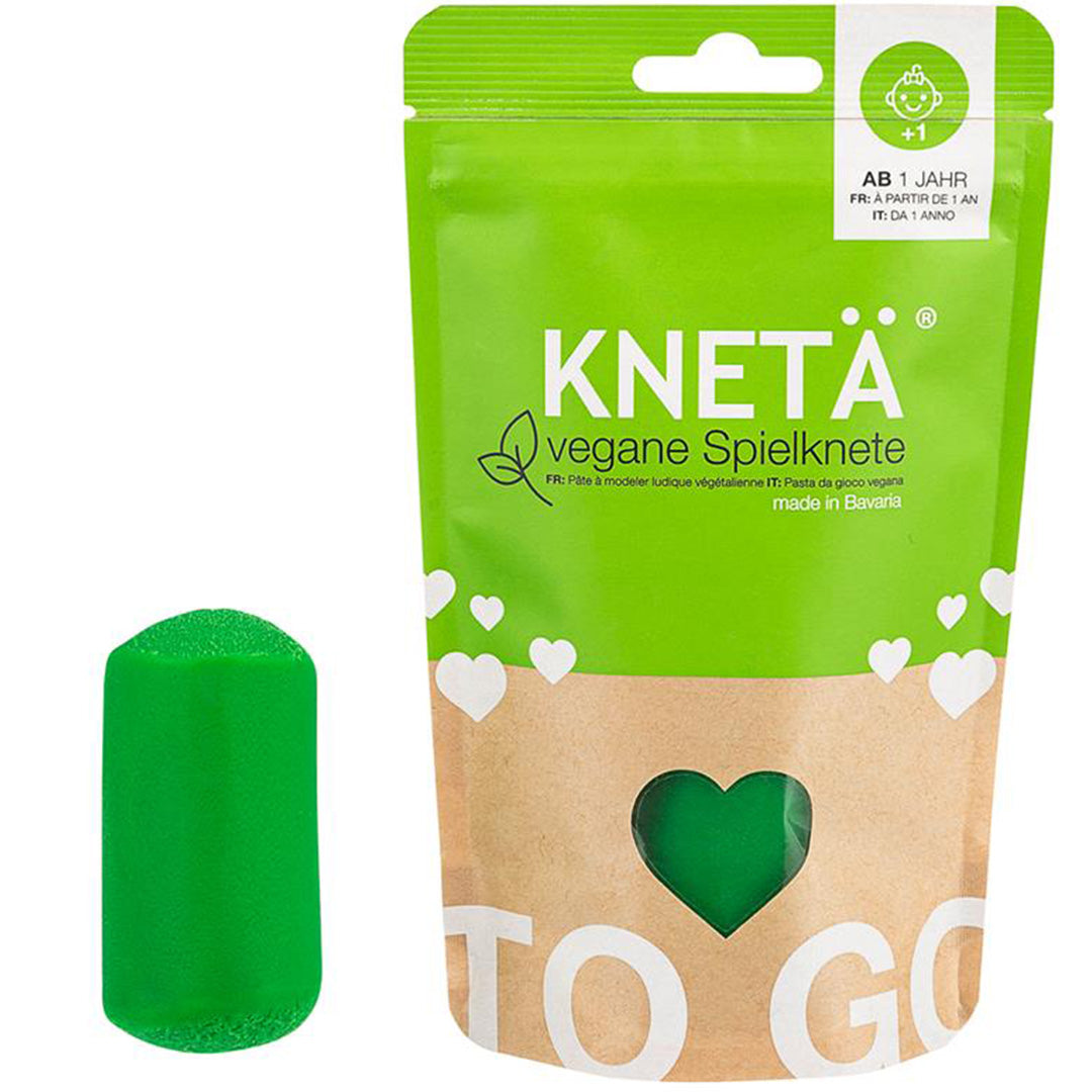 Knetä groene vegan speelklei verpakking met een stukje klei, geschikt vanaf 1 jaar.