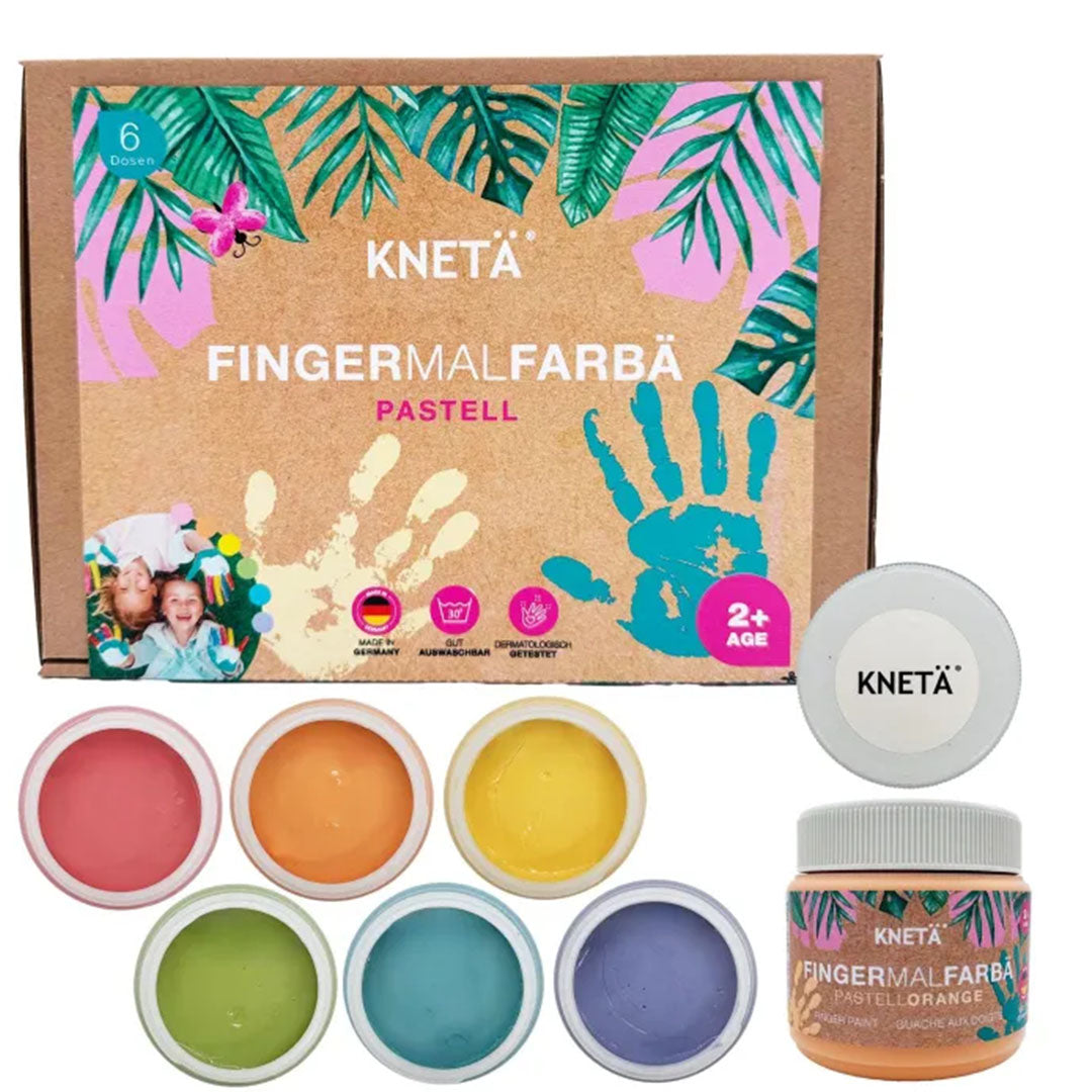 Knetä vingerverf pastel set met 6 potjes verf en de verpakking.