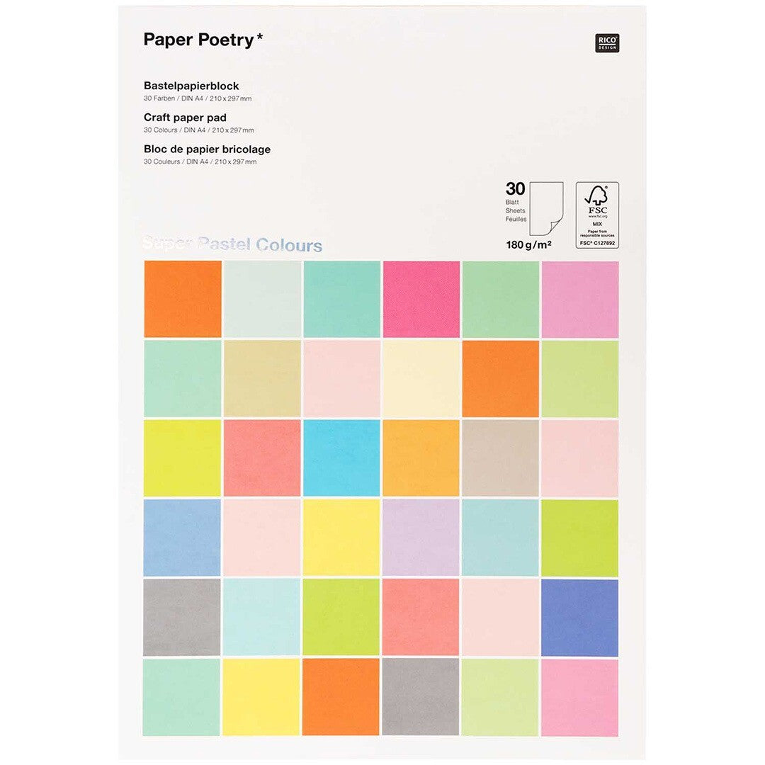 De verpakking van het Rico Design knutselpapier met 30 vellen in super pastelkleuren.