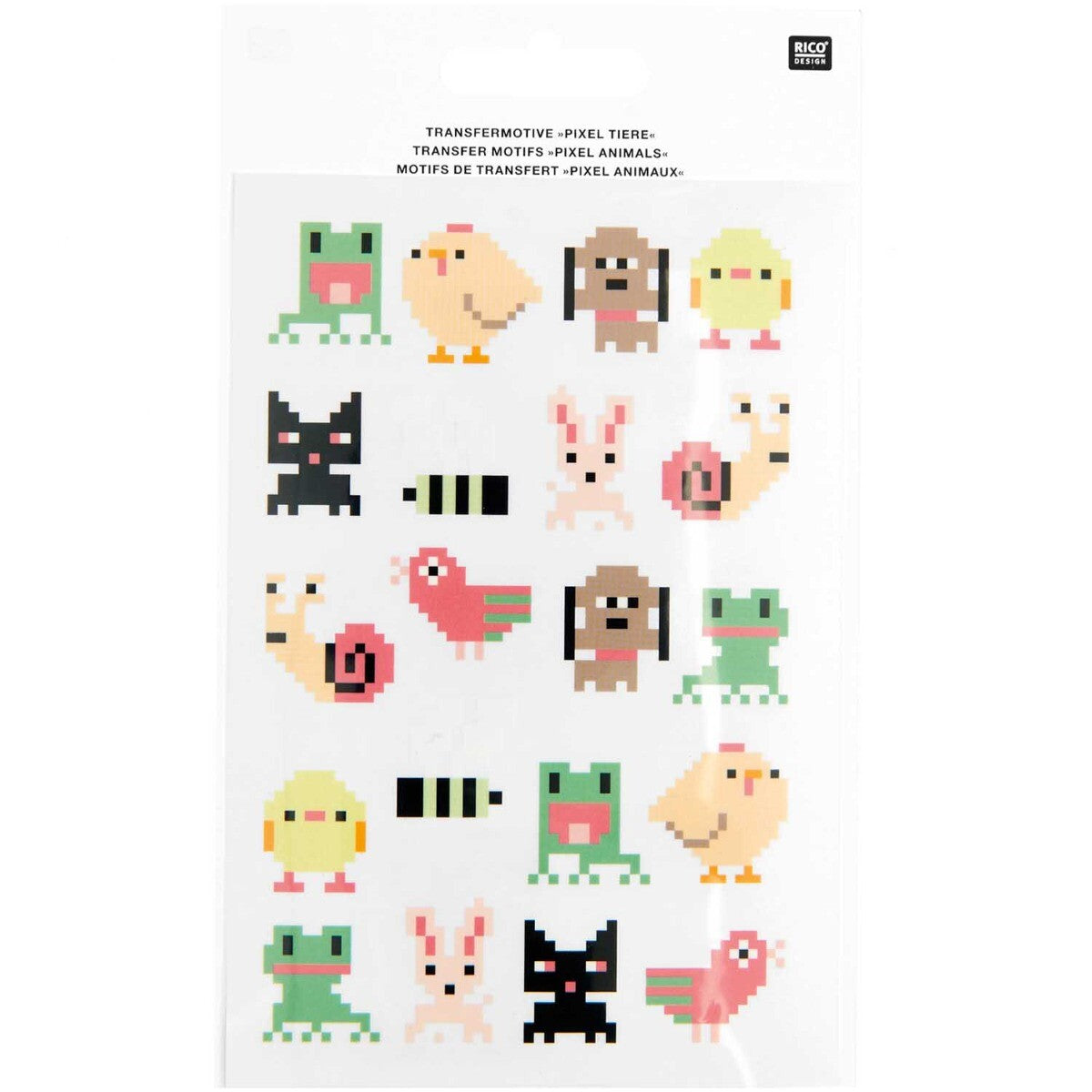 Verpakking van Rico Design transfermotieven met pixel dieren.
