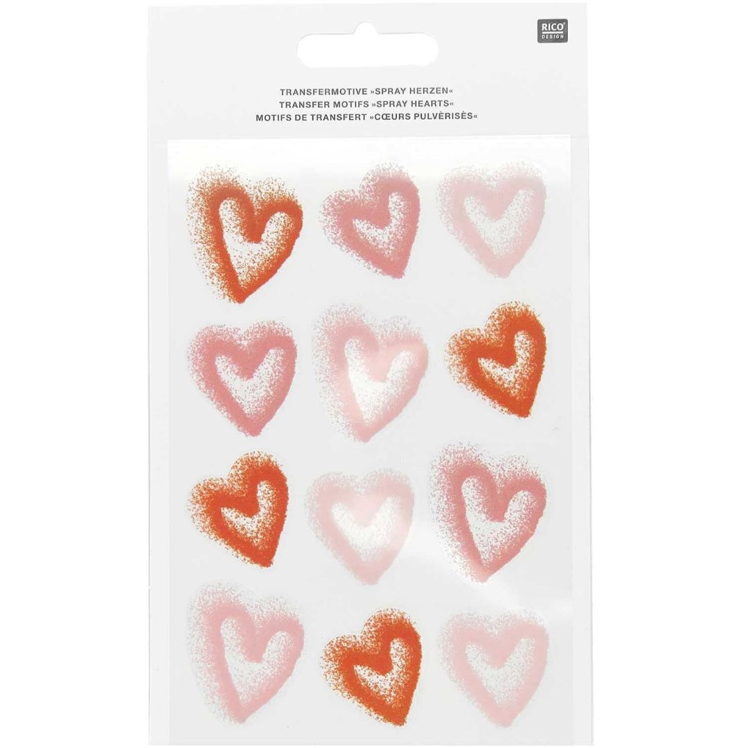 Rico Design knutselset transferfolie met roze en rode spray harten op de verpakking.