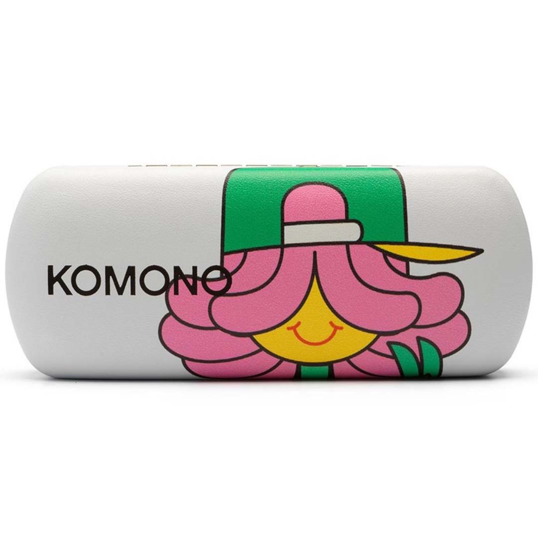 Wit Komono zonnebrilhoesje met een kleurrijke cartoonafbeelding van een figuur met roze haar en groene pet.