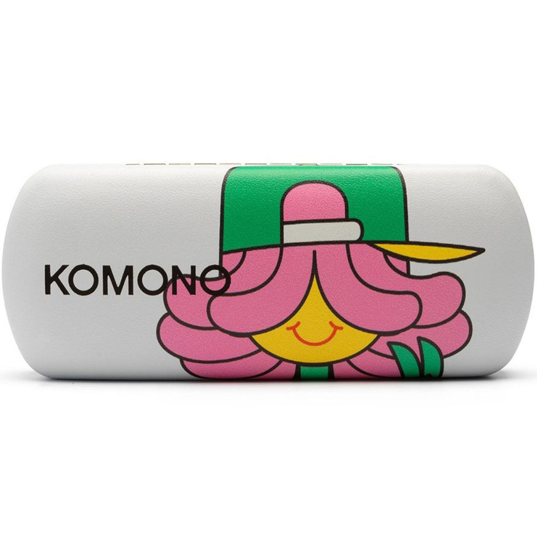 Witte Komono brillenkoker met een cartoonafbeelding van een bloem met een pet.