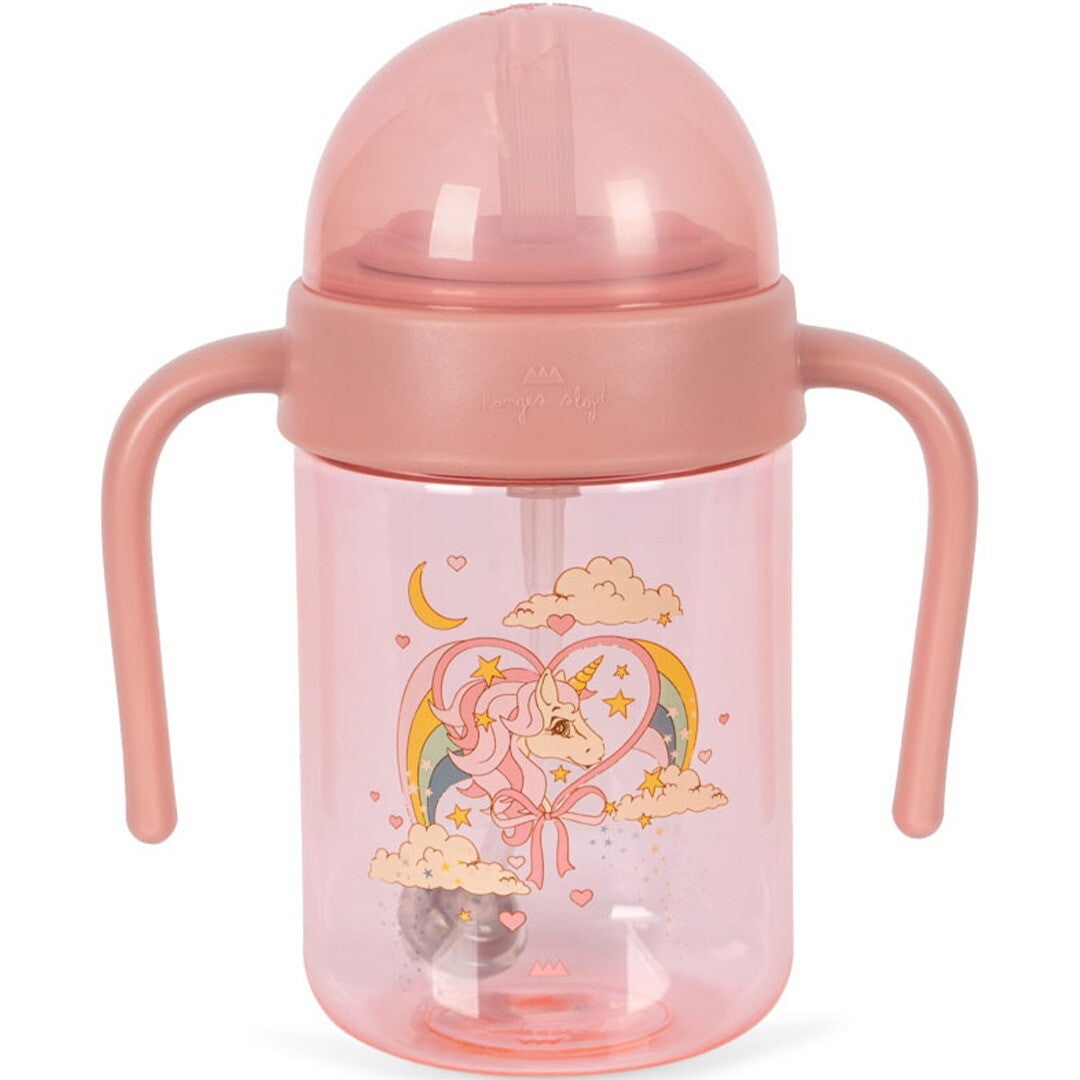 Konges Sløjd roze baby drinkfles met rietje en eenhoorn, regenboog en sterren patroon.