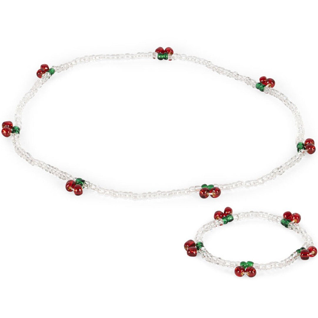 Konges Sløjd kinder sieradenset met ketting en armband van transparante kralen en rode kersjes.