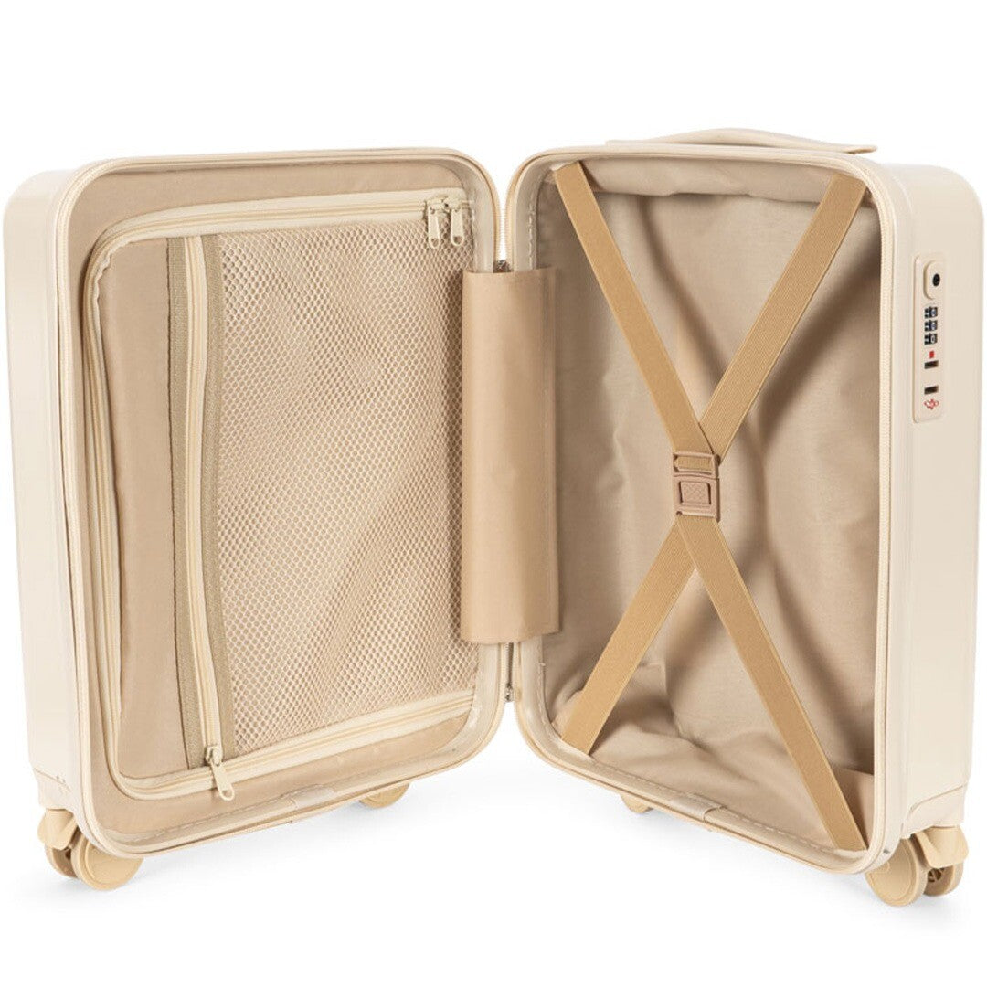 Open Konges Sløjd kinderkoffer met beige interieur, gaasvakken en inpakriemen.