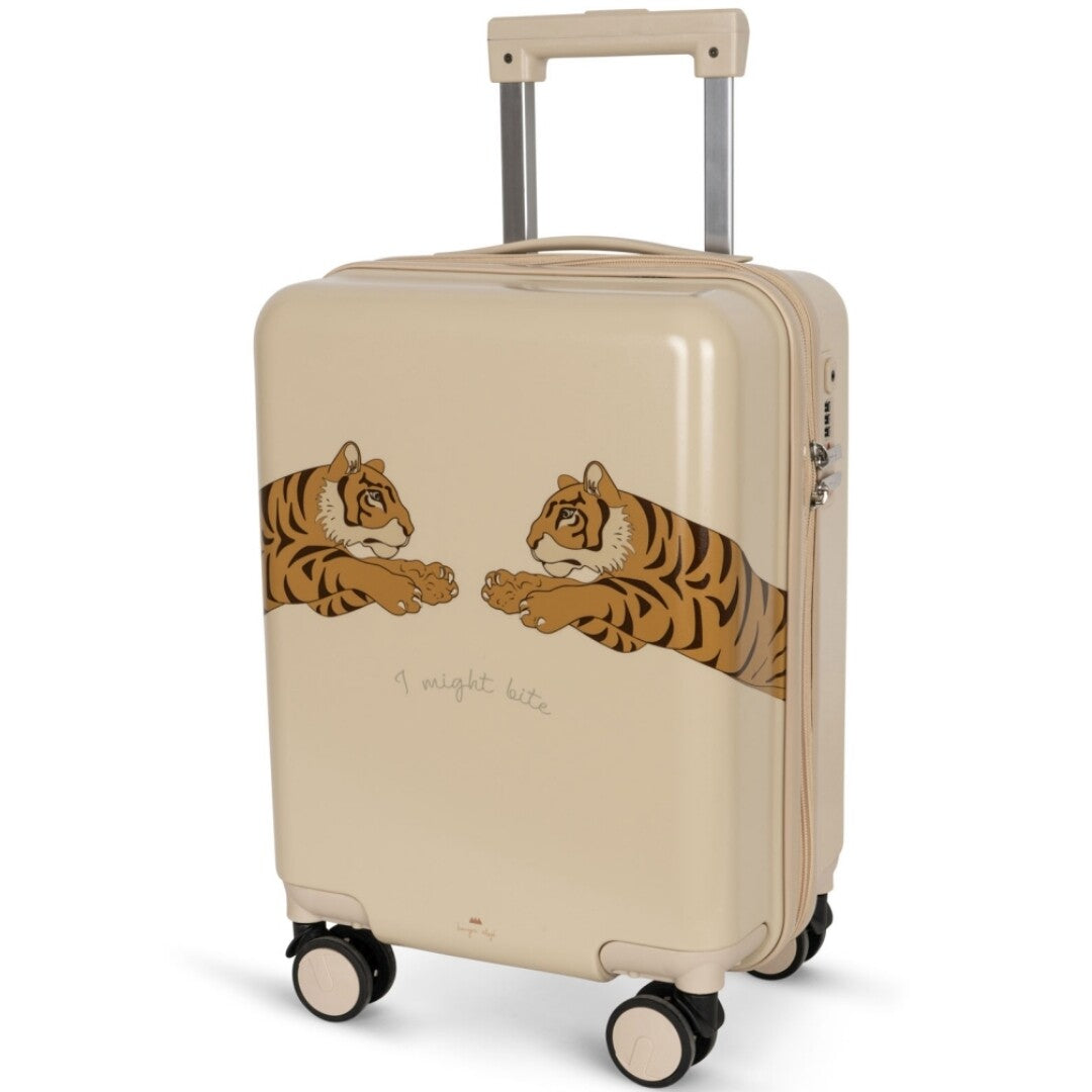 Konges Sløjd kinderkoffer in beige met twee tijgers en de tekst "I might bite".