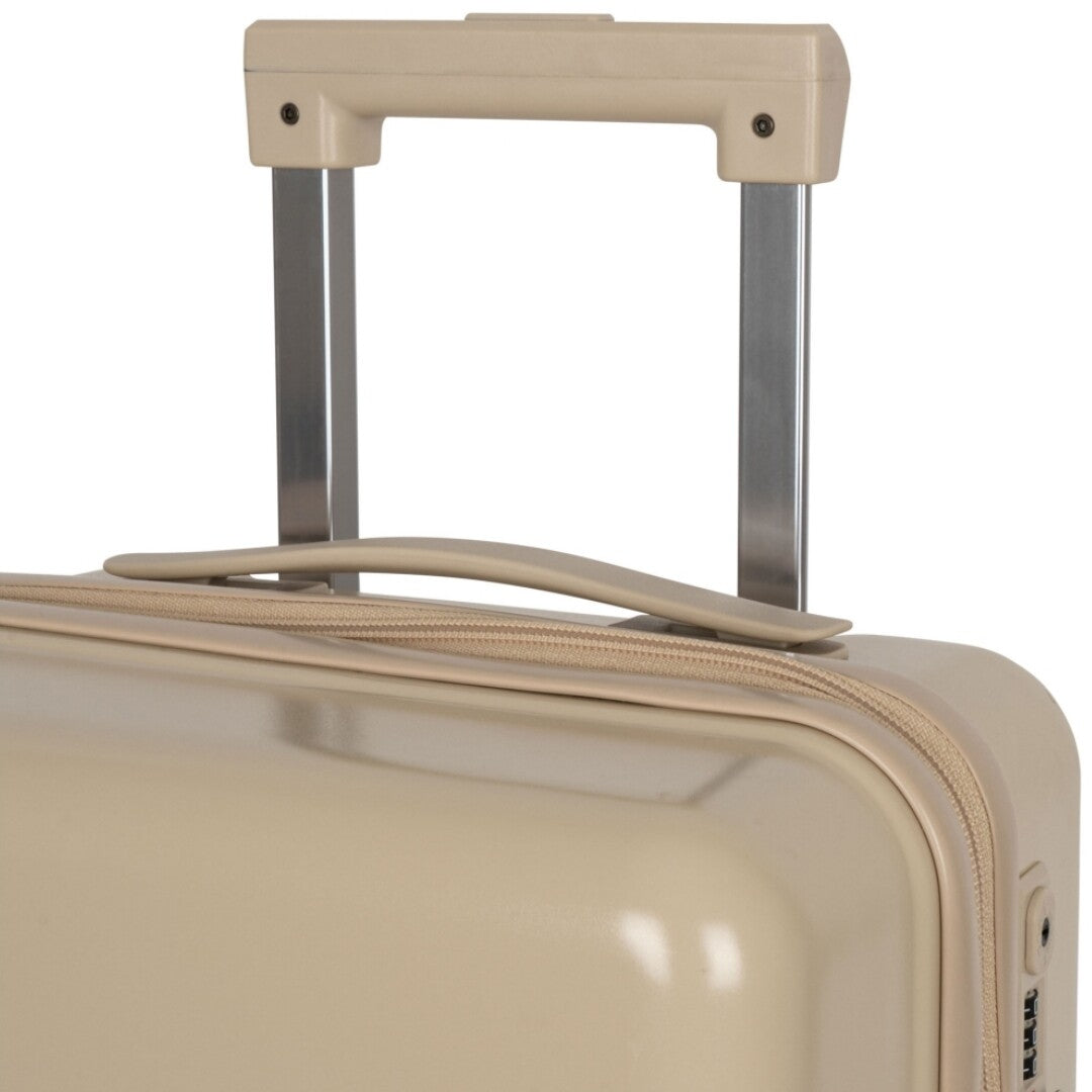 Detail van de uitschuifbare handgreep van de beige kinderkoffer.
