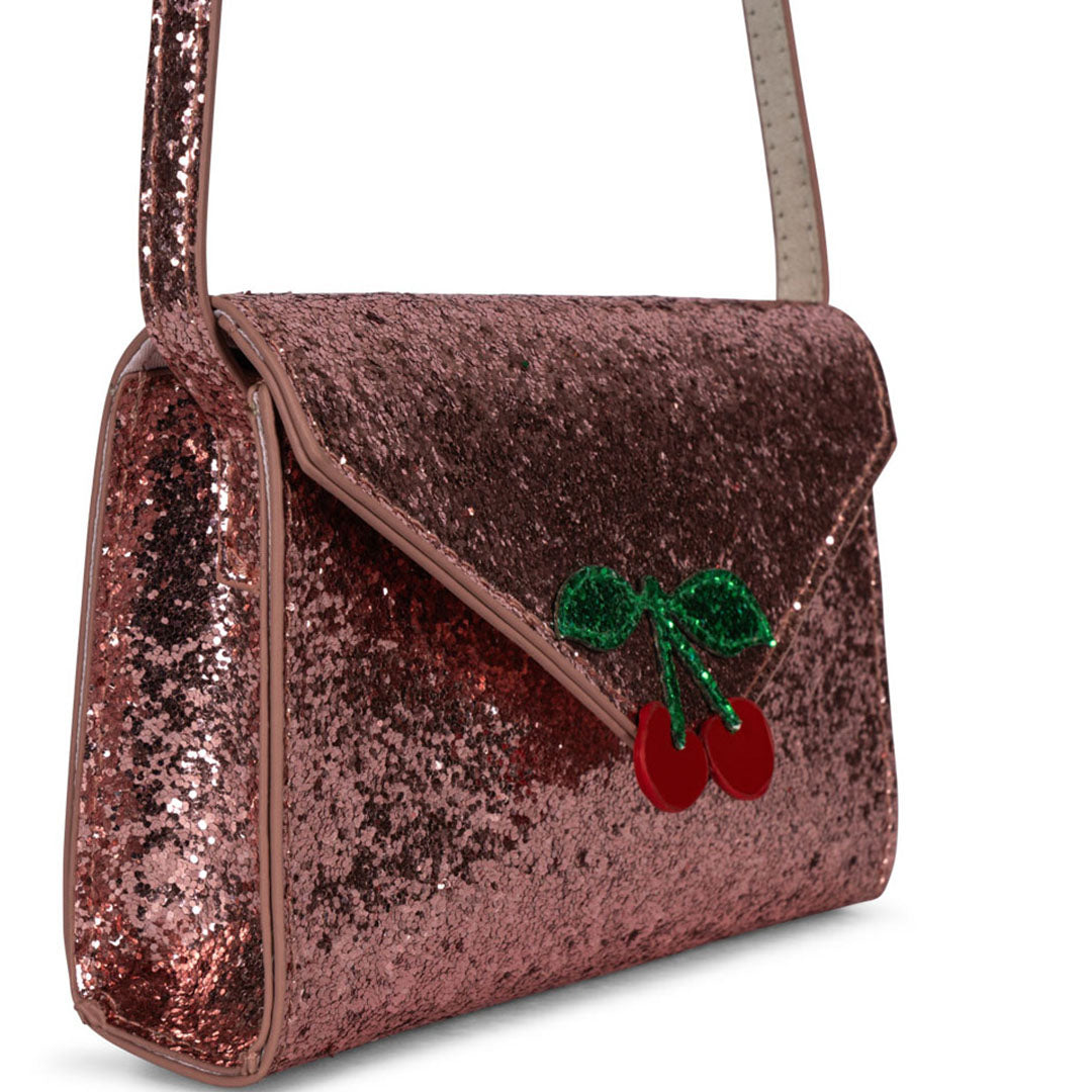 Konges Sløjd roze glitter kinder schoudertas met kersenapplicatie.