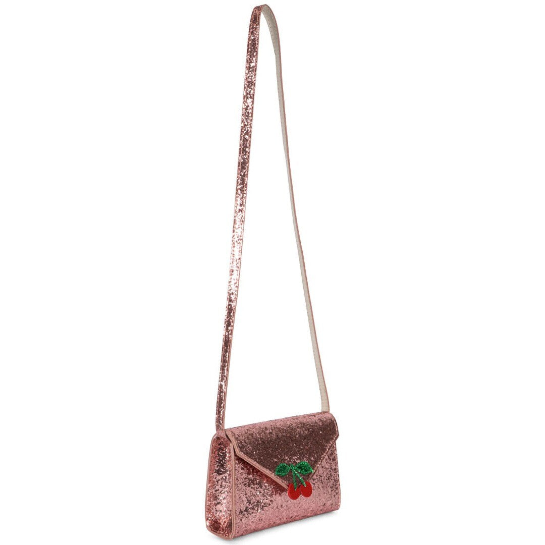 Konges Sløjd roze glitter kinder schoudertas met kersenapplicatie en lange schouderband.