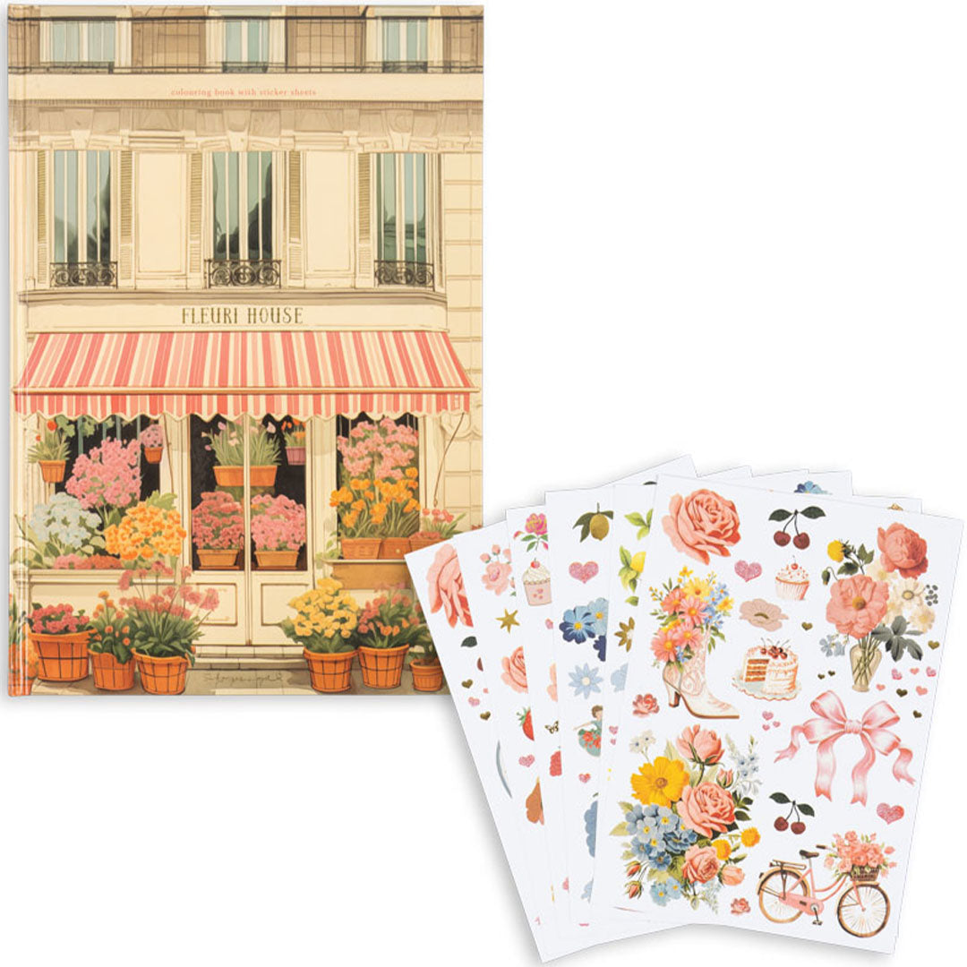 Konges Sløjd kleurboek met stickers, met op de voorkant een bloemenwinkel en losse stickervellen met bloemen en dieren.