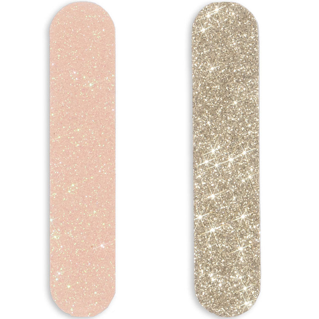 Twee Konges Sløjd glitter nagelvijlen, één lichtroze en één goudkleurig.
