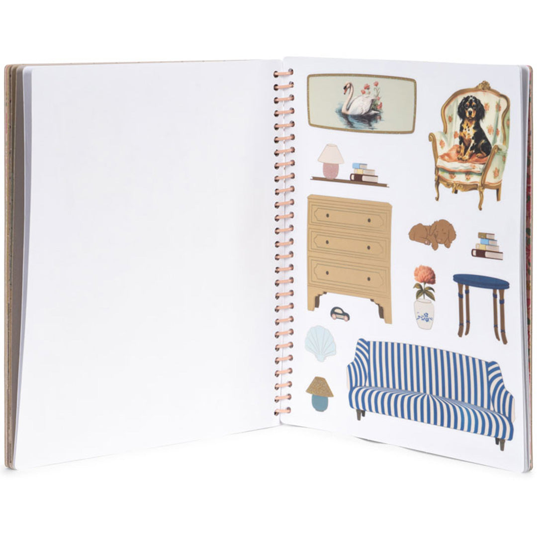 Open Konges Sløjd stickerboek met een pagina vol losse stickers van meubels en een hond.