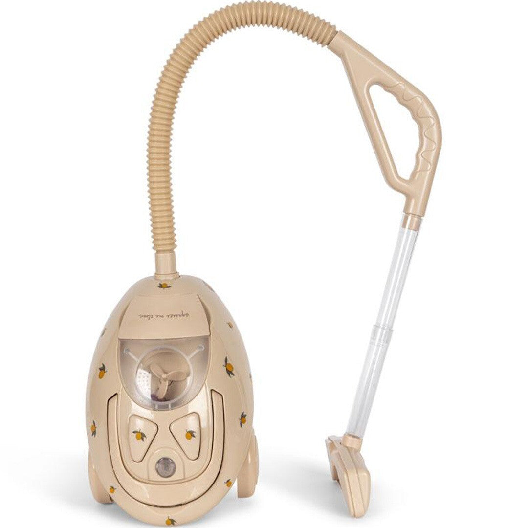 Konges Sløjd speelgoed stofzuiger in beige met citroenpatroon.