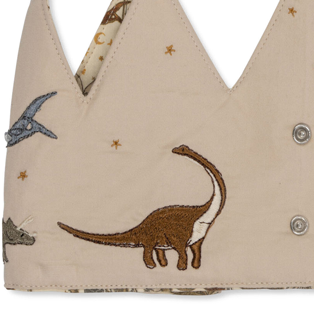 Detail van de Konges Sløjd verjaardagskroon met een geborduurde langnekdinosaurus en een vliegende dinosaurus.