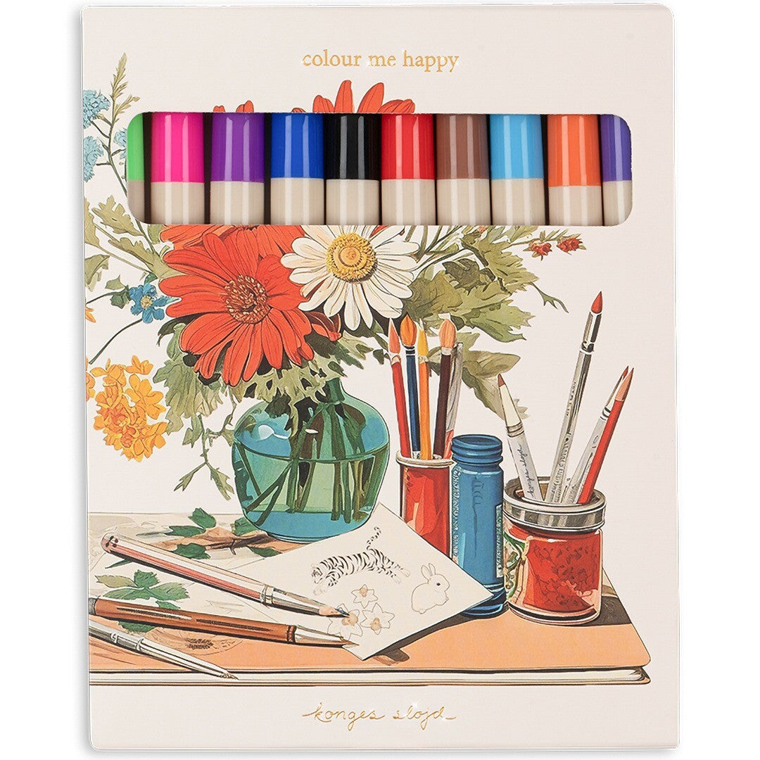 Verpakking van Konges Sløjd viltstiften met een gebloemde illustratie en de toppen van 10 kleurrijke stiften.