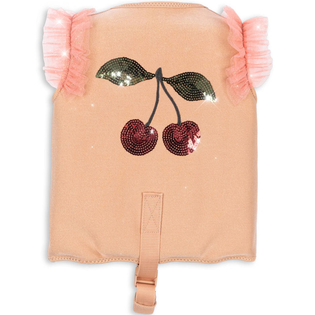 Konges Sløjd kinderzwemvest in beige met kersen van pailletten en roze ruches op de rug.