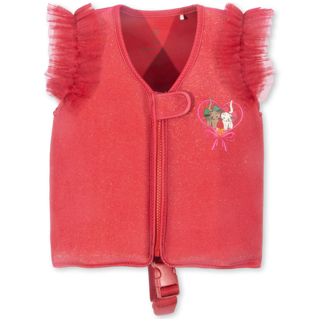 Konges Sløjd rood zwemvest voor kinderen met ruffles, rits en een hart met twee katten op de voorkant.