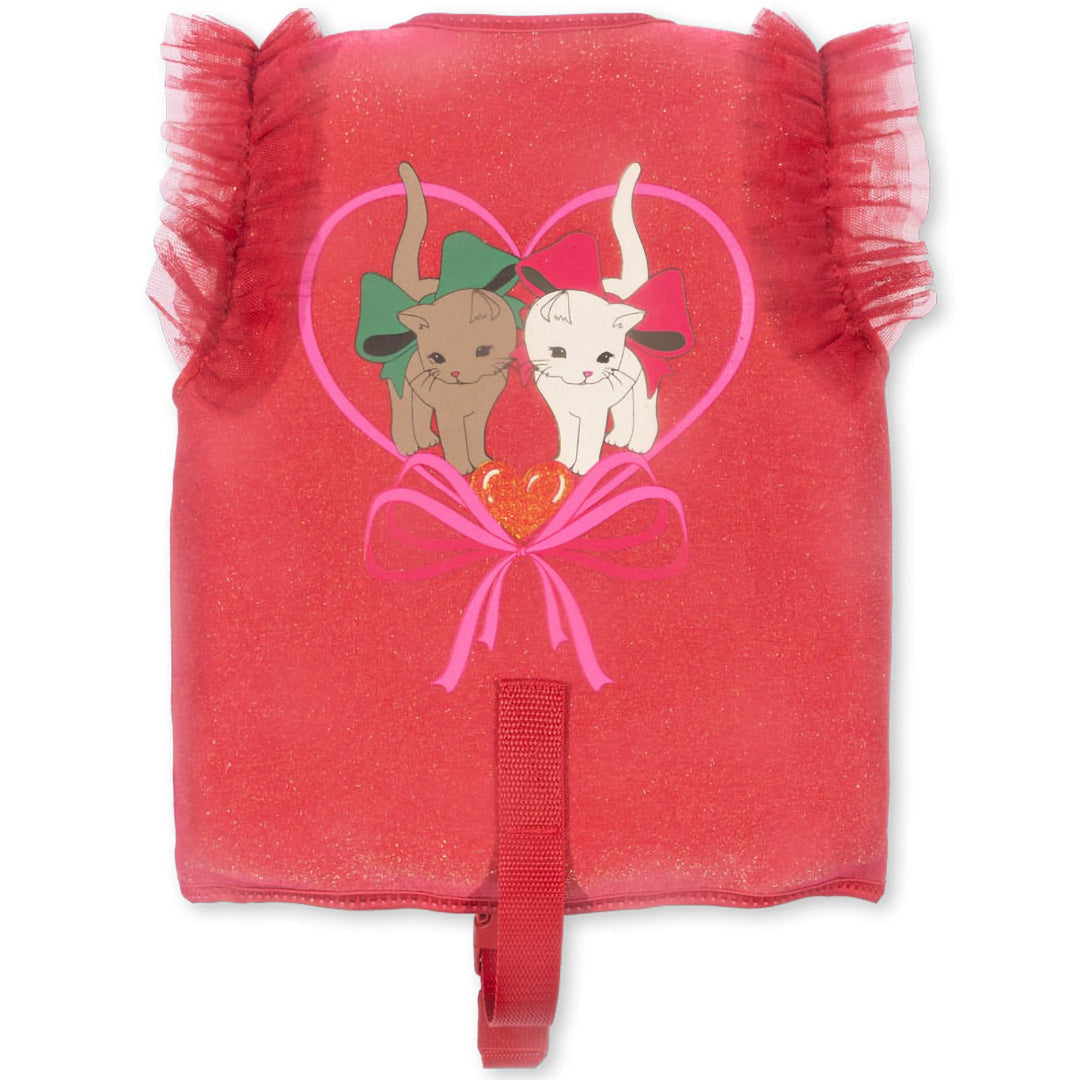 Achterkant van een rood zwemvest voor kinderen met ruffles en een hart met twee katten.