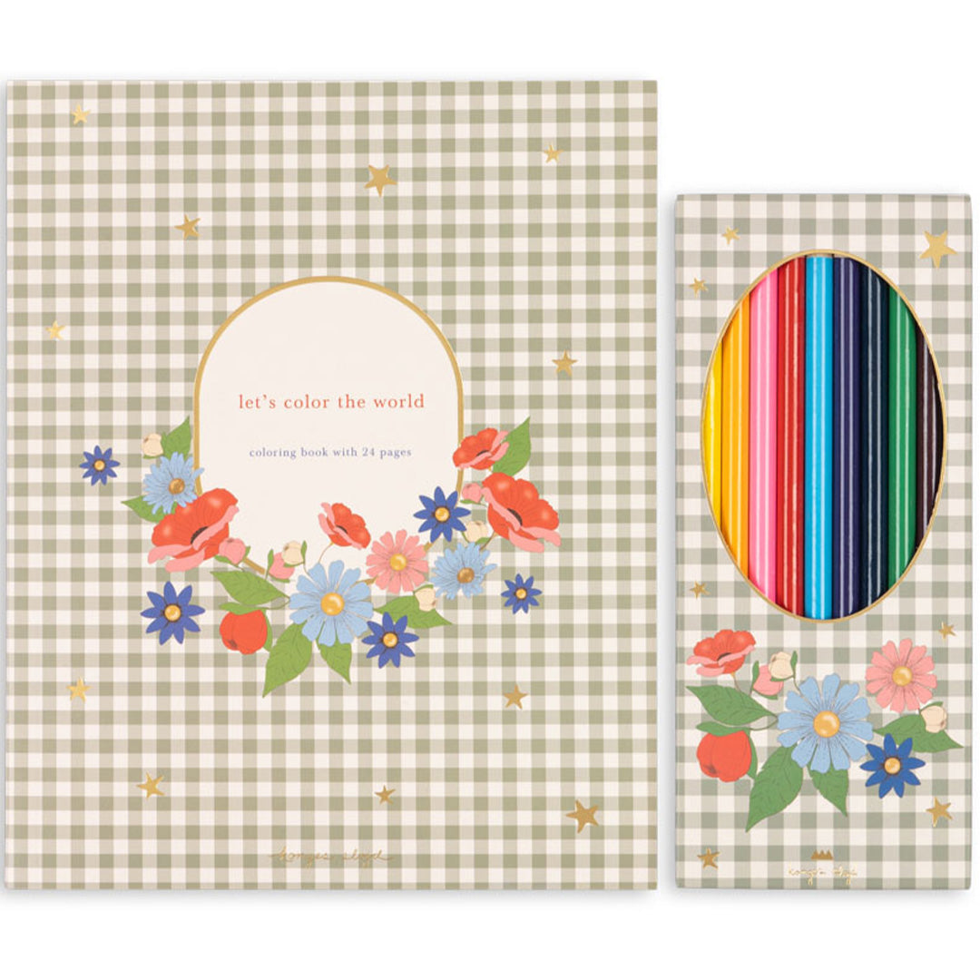 Konges Sløjd kleurboek en kleurpotloden set met groen geruit patroon, bloemen en sterren.