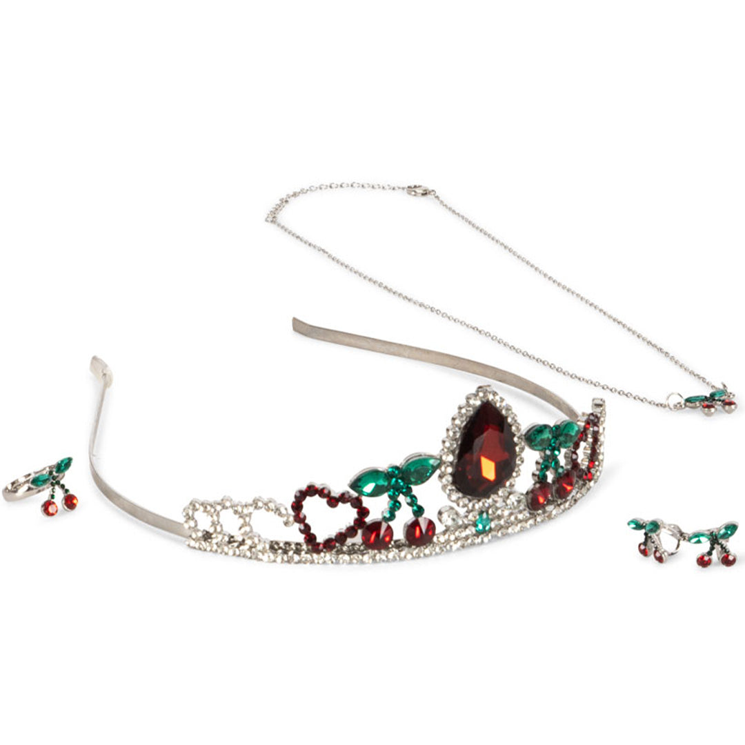 Konges Sløjd kinder sieradenset met kroon, ketting en twee ringen met kersenmotief.