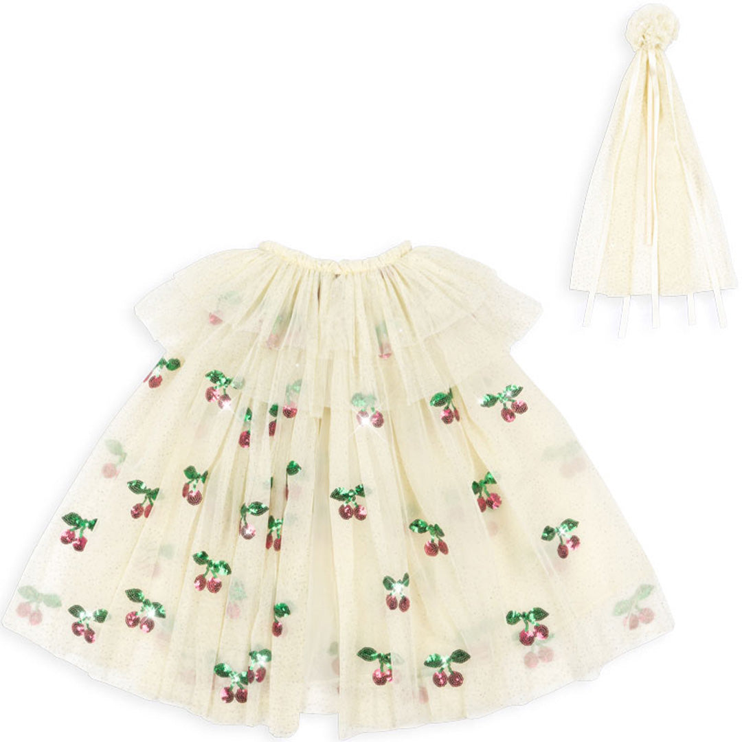 Konges Sløjd beige verkleedcape met kersenpailletten en bijpassende toverstaf voor kinderen.