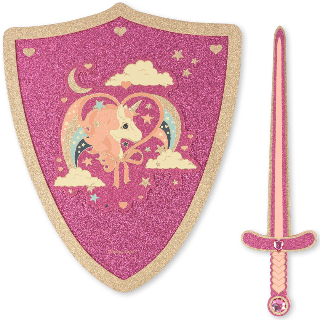 Konges Sløjd roze glitter speelgoed zwaard en schild met eenhoorn, wolken en regenbogen, staand op een witte achtergrond.