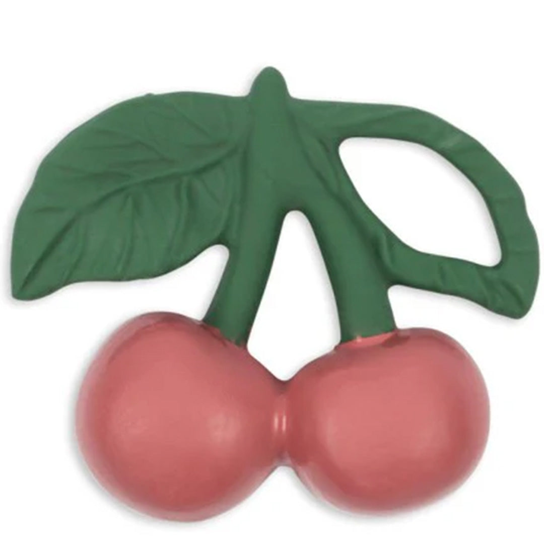 Konges Sløjd rubber bijtspeeltje in de vorm van twee rode kersen met groene bladeren.