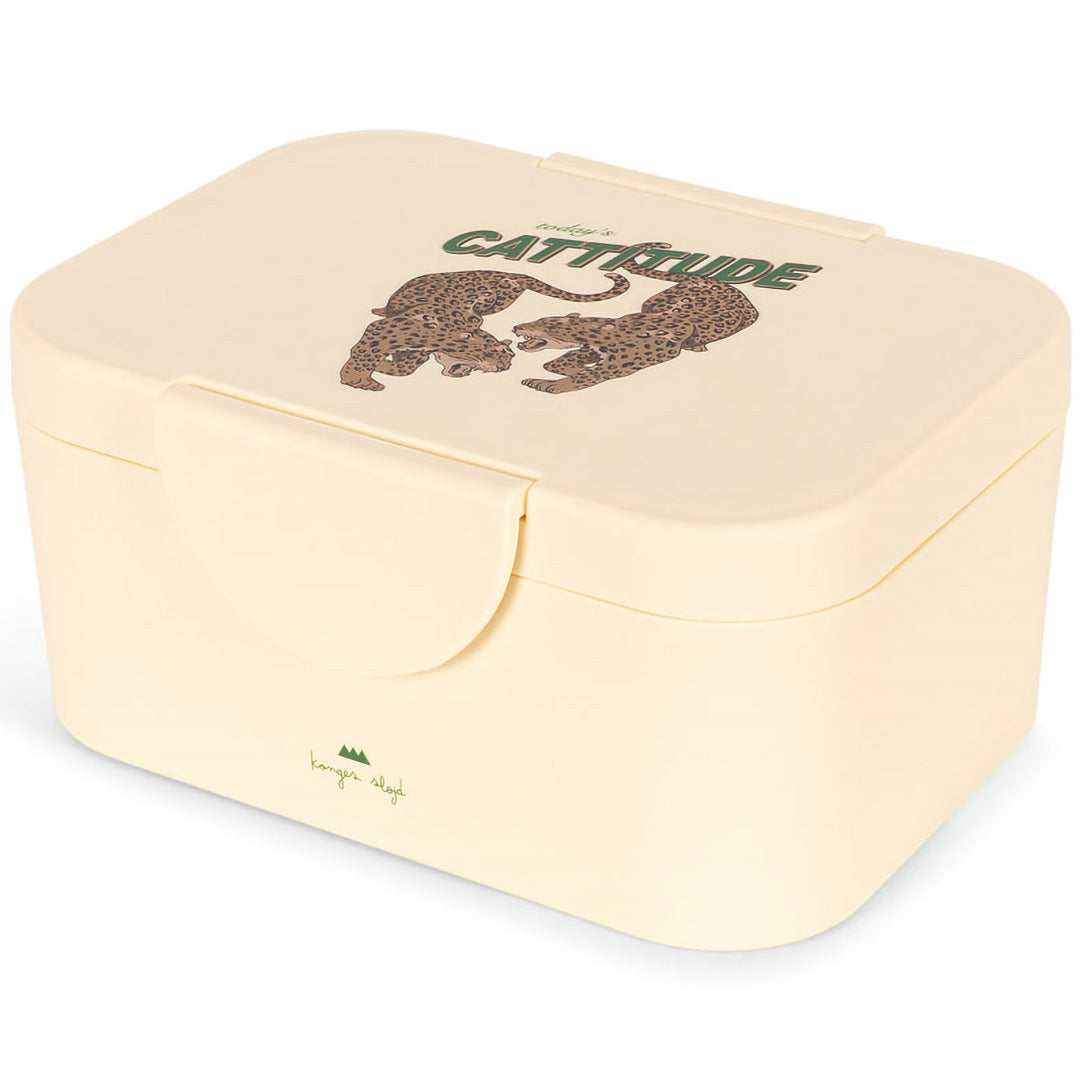 Konges Sløjd beige broodtrommel met twee luipaarden en de tekst 'Cattitude' op de deksel.