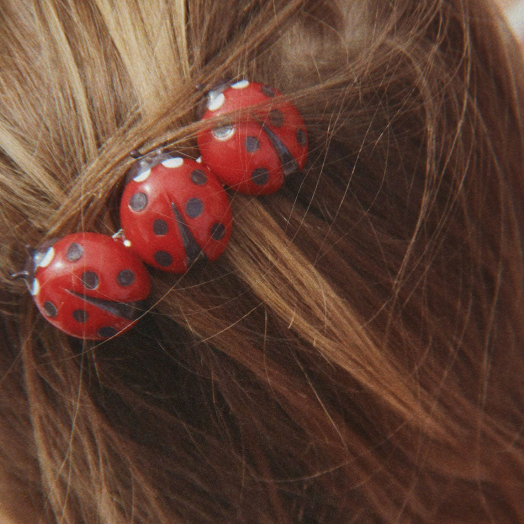 Drie lieveheersbeestje haarclips in bruin kinderhaar.