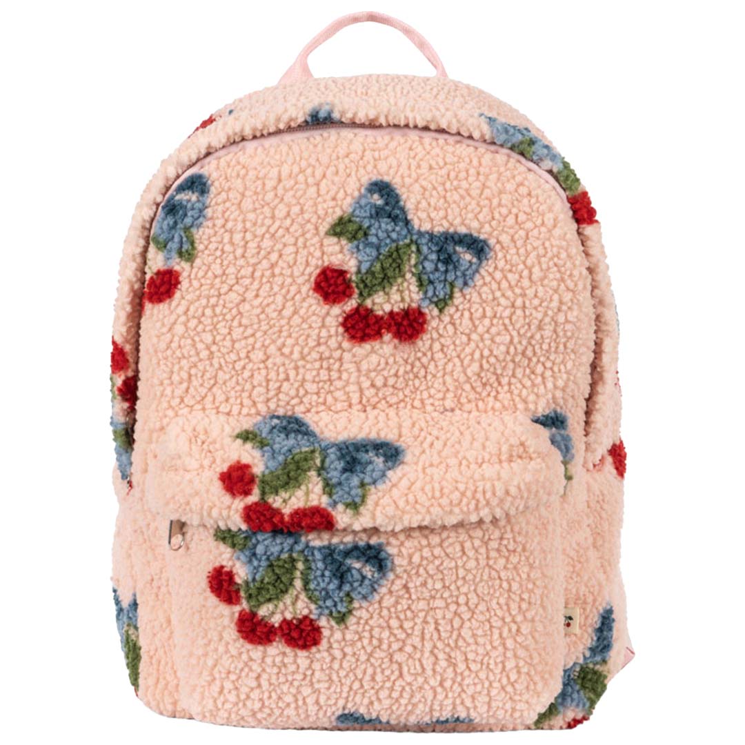 Konges Sløjd roze teddy kleuterrugzak met kersenpatroon, vooraanzicht.