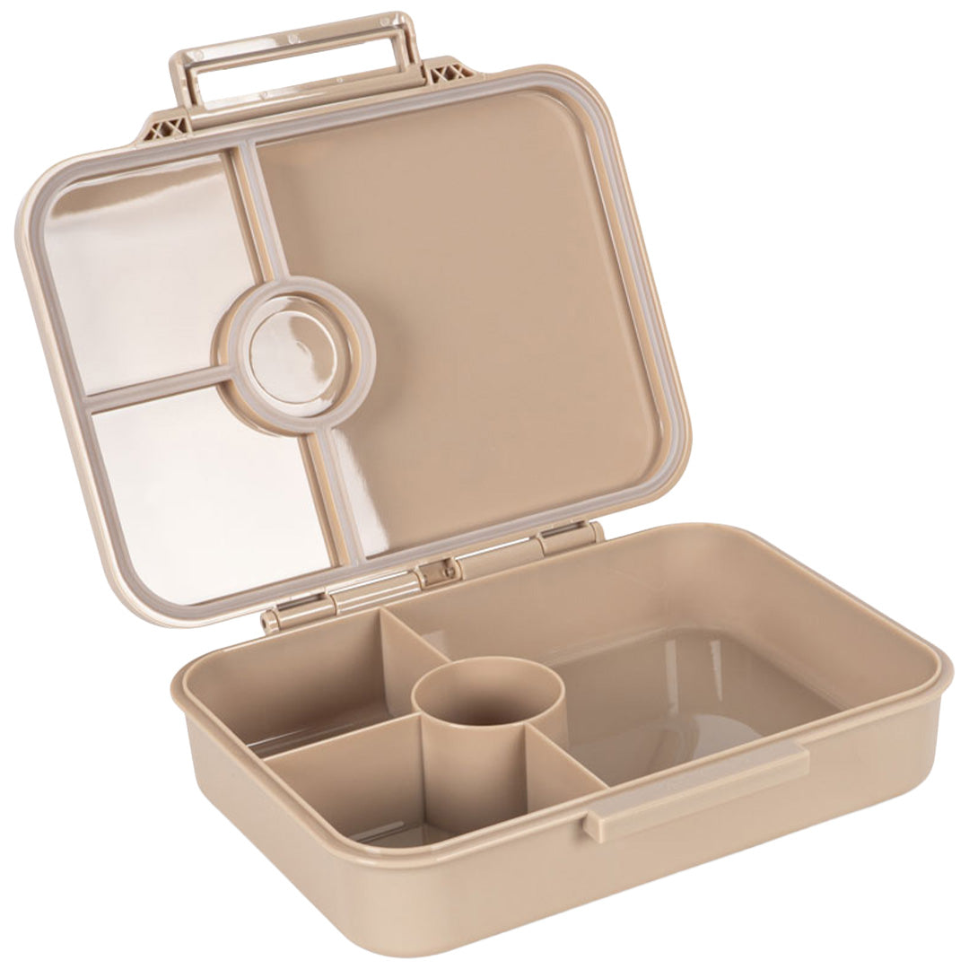 Open beige bento broodtrommel met meerdere vakken en een rond compartiment.