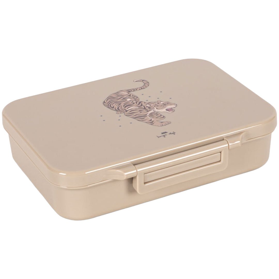 Konges Sløjd bento broodtrommel met een tijgerillustratie op de beige deksel.