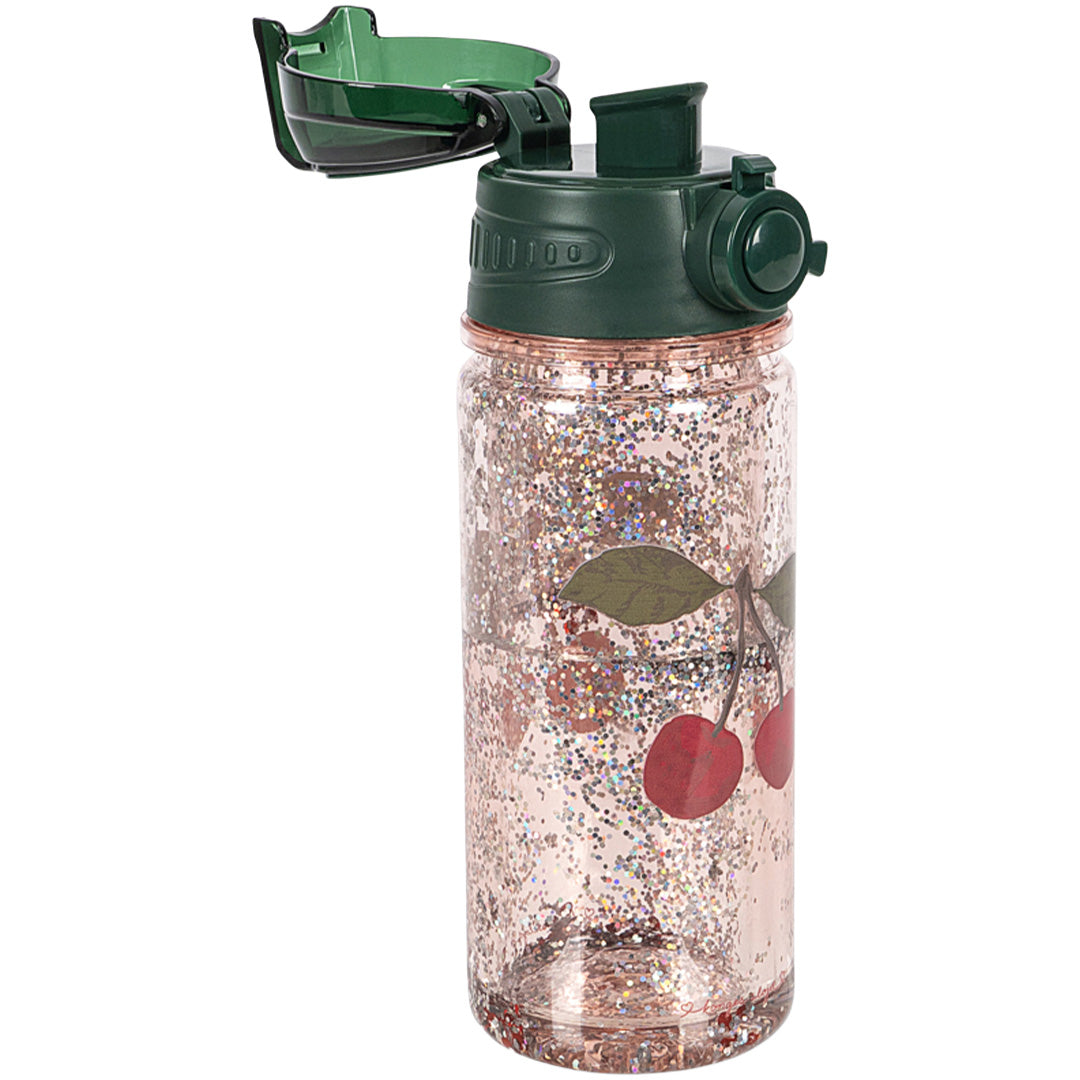 Konges Sløjd kinder drinkfles met roze glitters en kersenprint, met de donkergroene dop open.