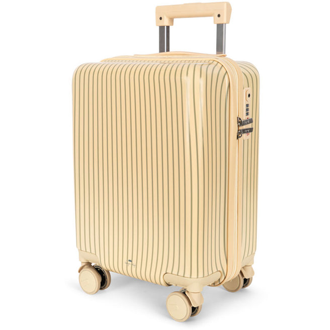 Konges Sløjd kinderkoffer met beige en gestreepte print, staand met uitgeschoven handvat.