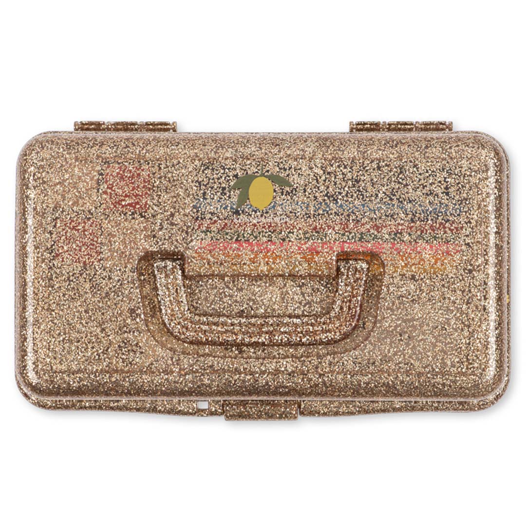 Gesloten Konges Sløjd gouden glitter knutselkoffer met handvat en klein logo.