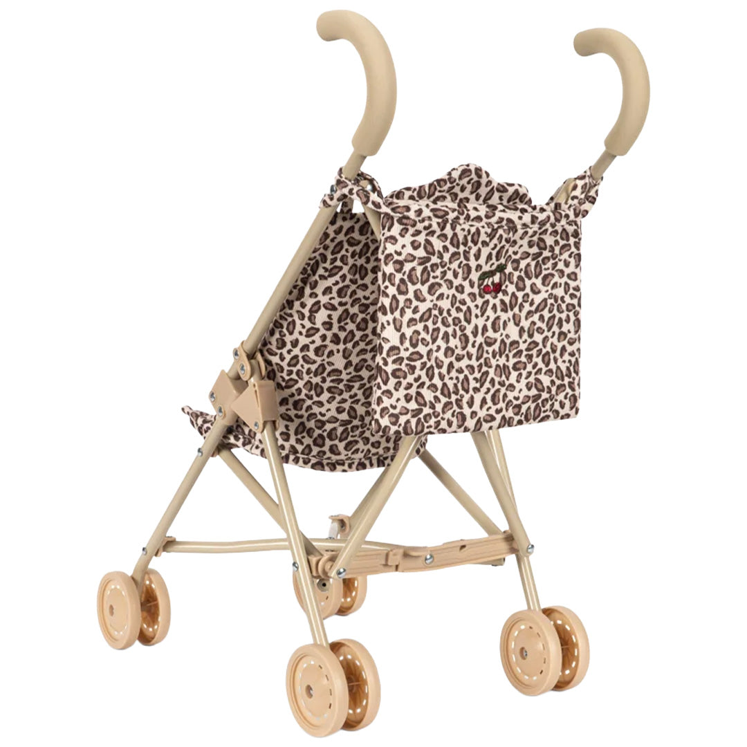Konges Sløjd poppenbuggy met beige frame en zitting met leopard print, van achteren gezien.