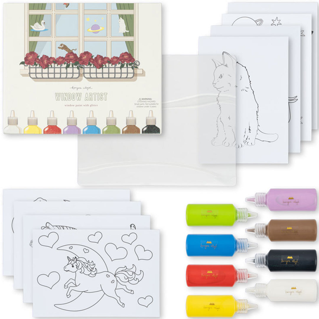 Konges Sløjd raamverf hobbyset met verpakking, verfflesjes en diverse tekenvellen met dieren- en ruimtefiguren.