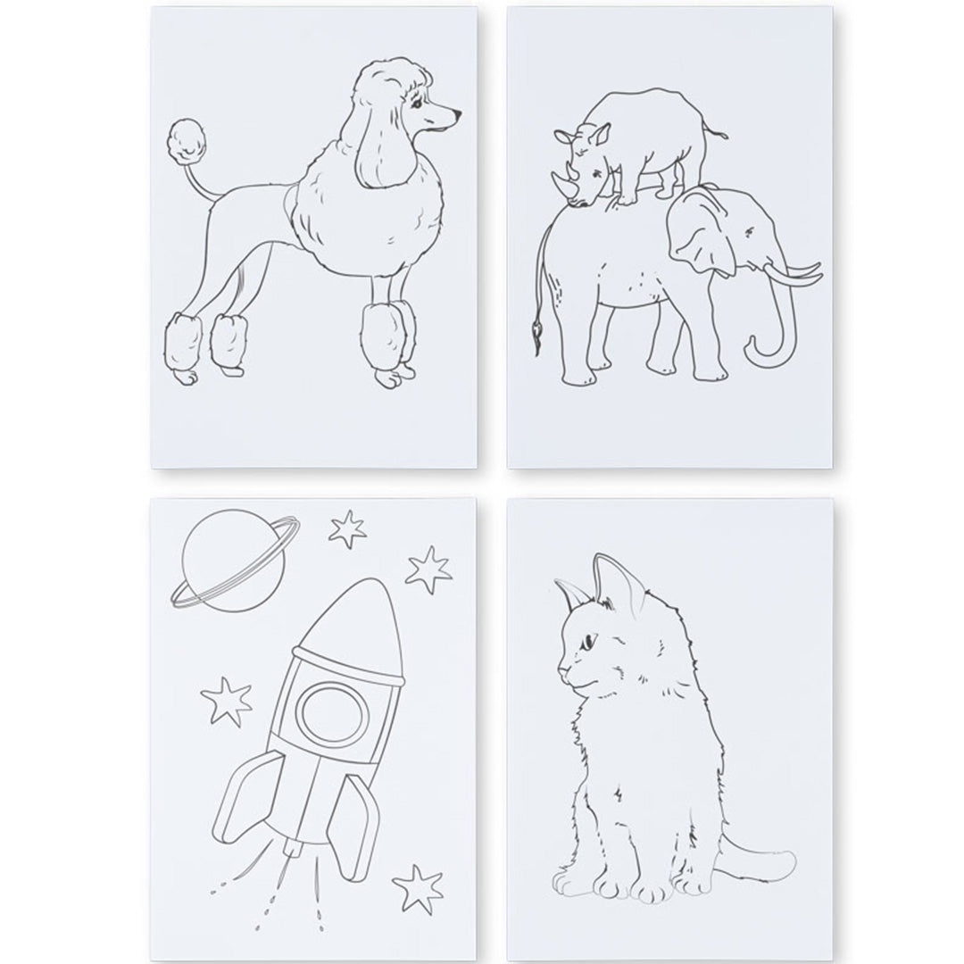 Detail van vier tekenvellen met omtrekken van een poedel, olifant met neushoorn, raket en kat voor de raamverf hobbyset.