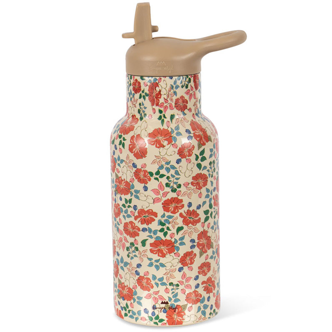 Konges Sløjd RVS thermosfles met een gebloemd patroon van rode bloemen en een beige dop.