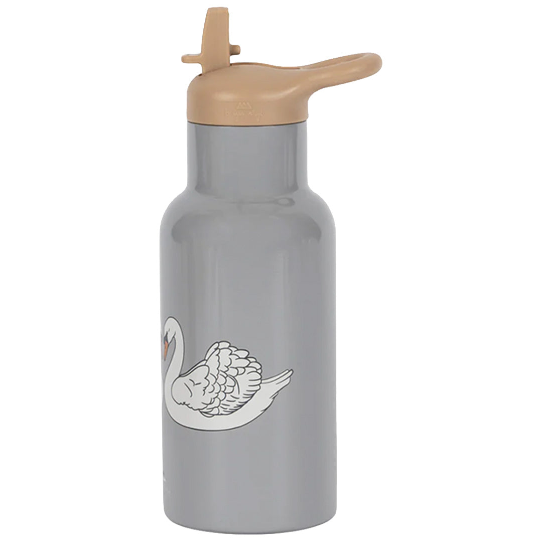 Konges Sløjd grijze thermosfles met een zwaan en een beige rietjesdop.