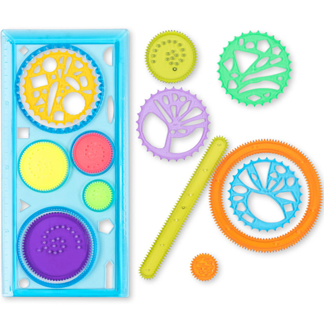 Konges Sløjd spirograaf set met diverse kleurrijke plastic tandwielen en een liniaal om geometrische patronen te tekenen.